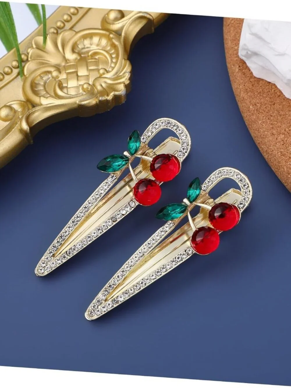 Rhinestone‎ and Cherry Hair Clips Set of 2 Hair Barrettes NEW